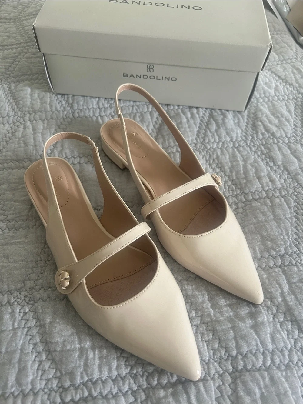 Bandolino Cream Pointed-Toe Slingback Flats with decorative Mary-Jane Strap